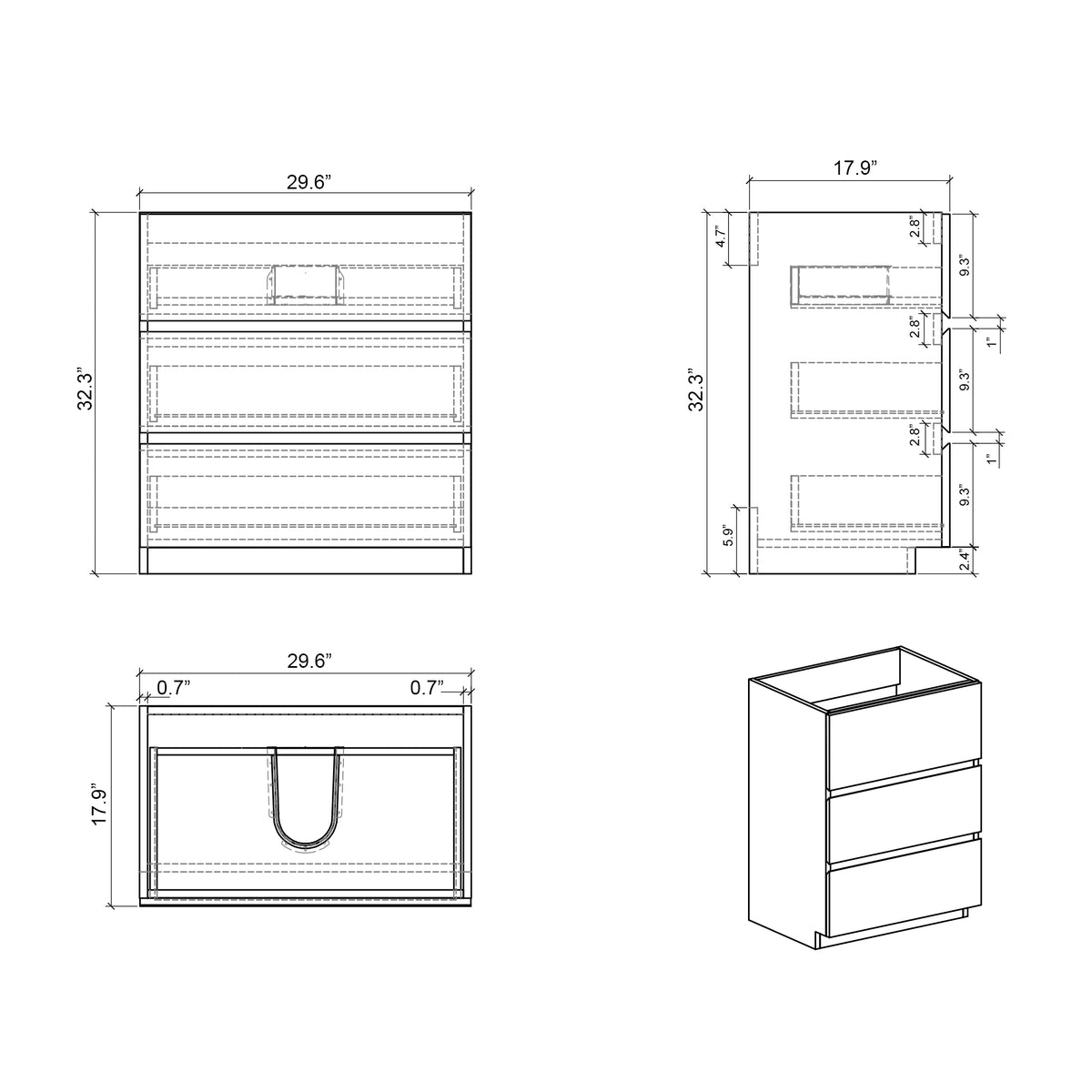 Alice 30F 102,Floor Cabinet Without Basin, Gray Color, With Three Drawers, Pre Assembled Gray Melamine