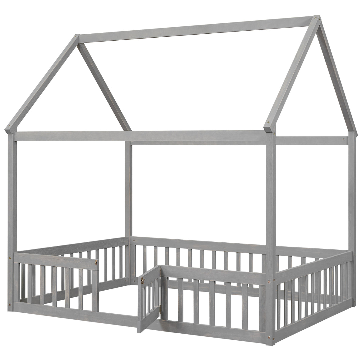 Full Size Wood House Bed With Fence And Door, Gray Wash Gray Pine