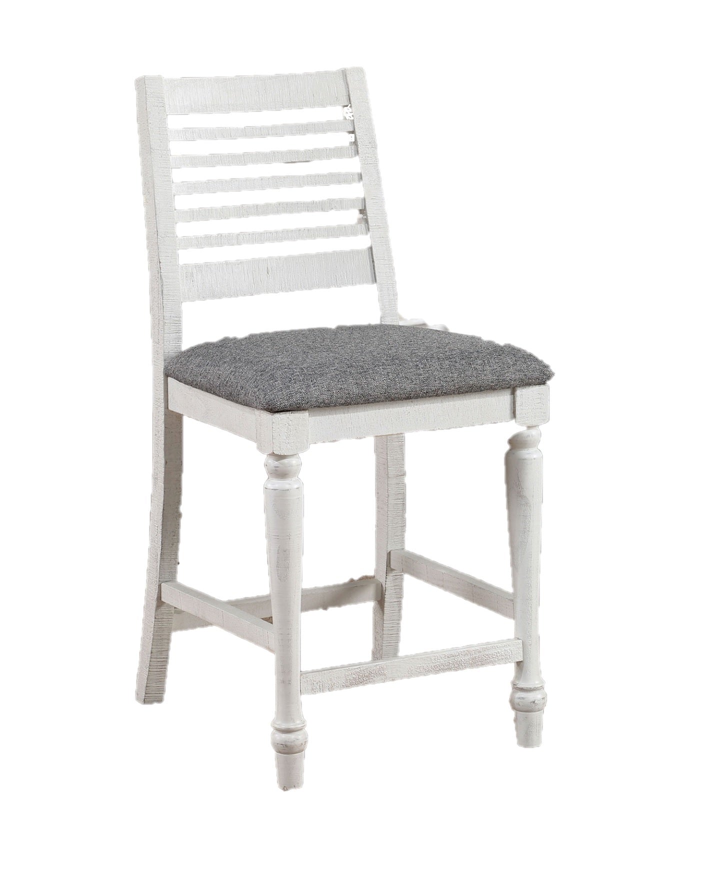 Majestic Rustic Counter Height 2Pc Dining Chairs Set Antique White Solid Wood Gray Fabric Cushions Two Tone Turned Legs High Chair Dining Room Furniture Antique White Gray White Dining Room Rustic,Transitional Dining Chairs Ladder Back Solid Wood