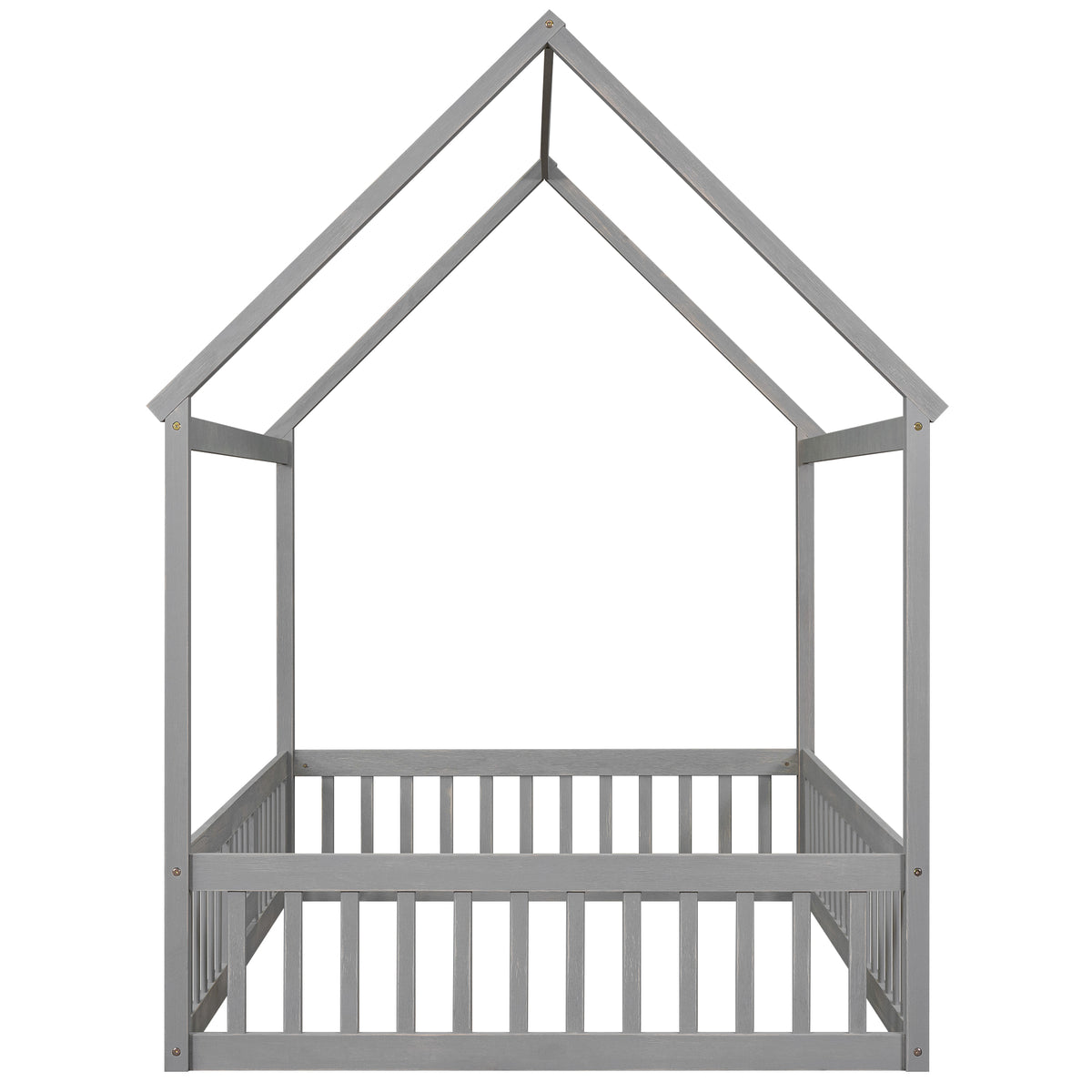 Full Size Wood House Bed With Fence And Door, Gray Wash Gray Pine