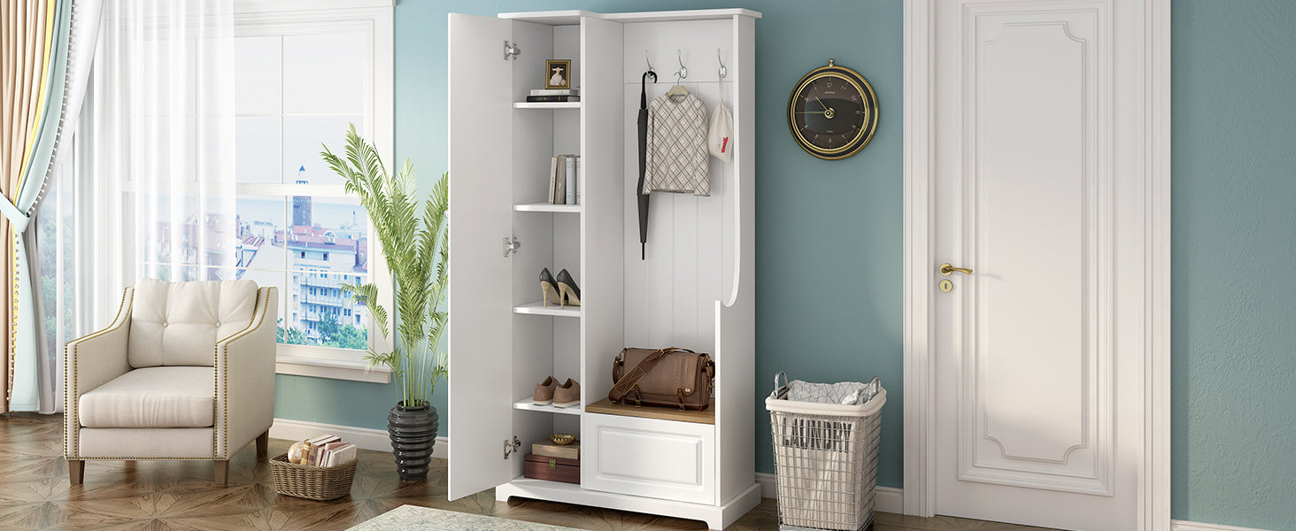 Stylish Design Hall Tree With Flip Up Bench, Minimalist Hallway Shoe Cabinet With Adjustable Shelves, Multifunctional Furniture With Hanging Hooks For Entryways, Mudroom, White High Back White Primary Living Space Minimalist Wood Flip Top Mdf
