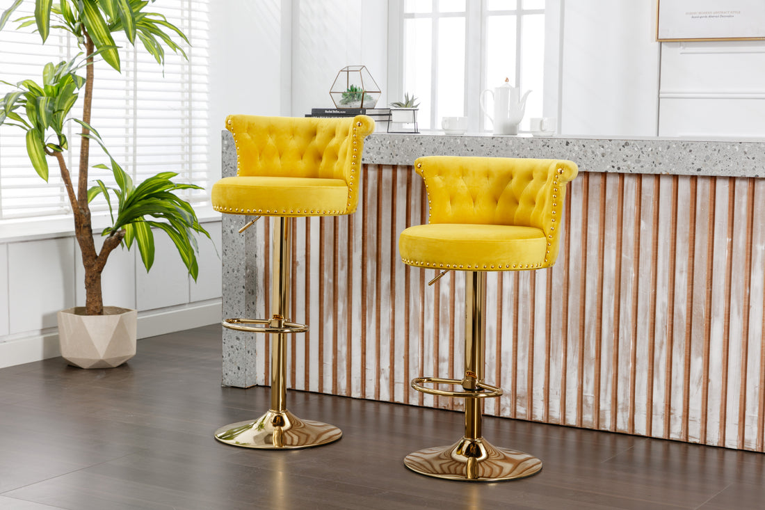 Coolmore Swivel Bar Stools Set Of 2 Adjustable Counter Height Chairs With Footrest For Kitchen, Dining Room 2Pc Set Yellow Velvet