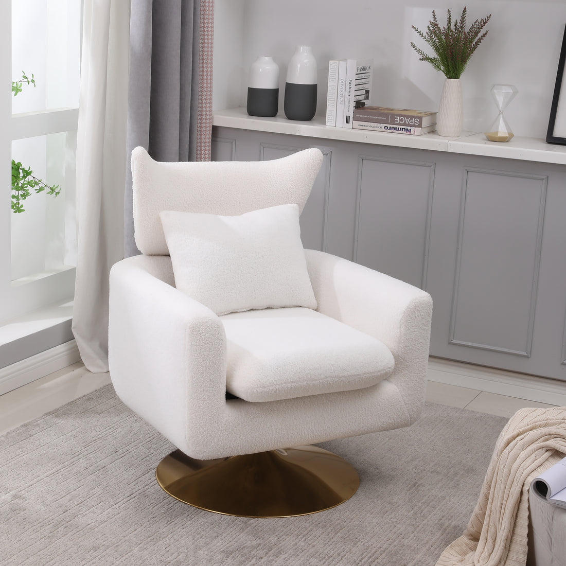 Classic Mid Century 360 Degree Swivel Accent Chair, White Teddy Fabric White Primary Living Space American Design Foam Fabric