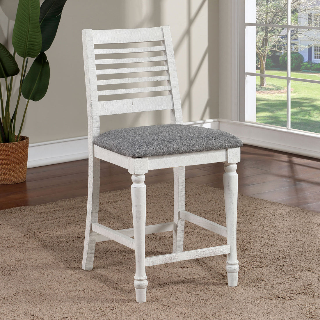 Majestic Rustic Counter Height 2Pc Dining Chairs Set Antique White Solid Wood Gray Fabric Cushions Two Tone Turned Legs High Chair Dining Room Furniture Antique White Gray White Dining Room Rustic,Transitional Dining Chairs Ladder Back Solid Wood
