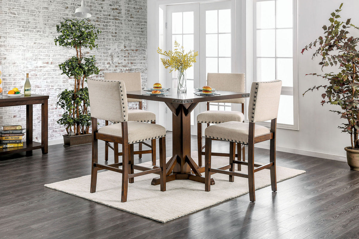 Classic Set Of 2Pc Counter Height Dining Chairs Ivory Fabric Padded Linen Chairs Upholstered Cushion High Chairs Trim Kitchen Dining Room Solid Wood Brown Cherry Ivory Brown Dining Room Industrial,Transitional Dining Chairs Solid Back Solid Wood
