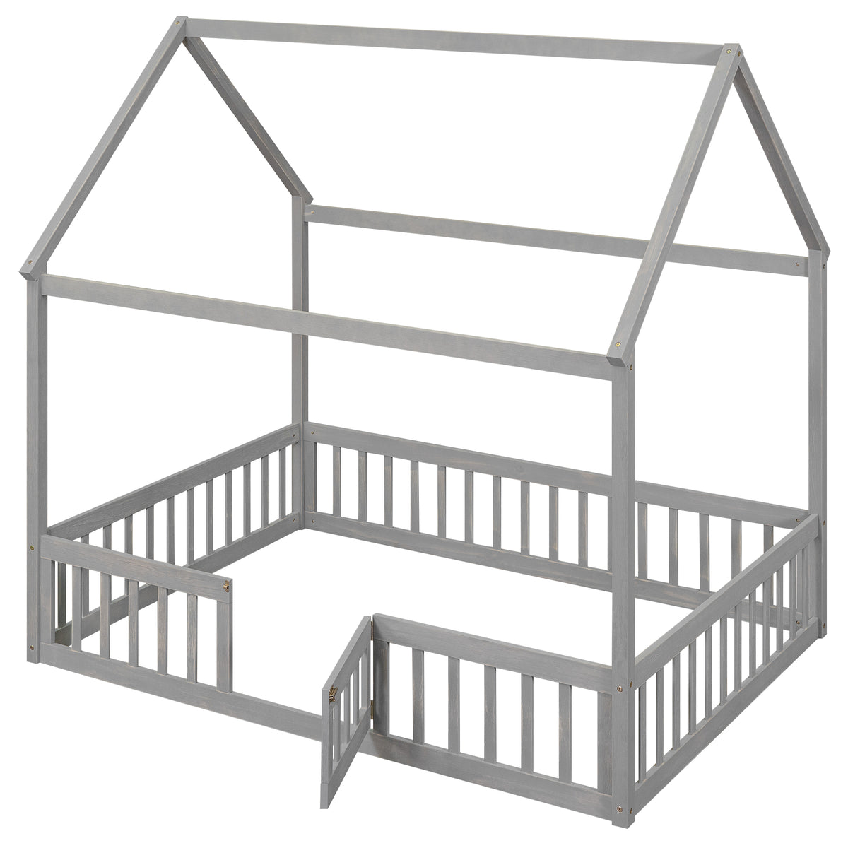 Full Size Wood House Bed With Fence And Door, Gray Wash Gray Pine