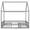 Full Size Wood House Bed With Fence And Door, Gray Wash Gray Pine