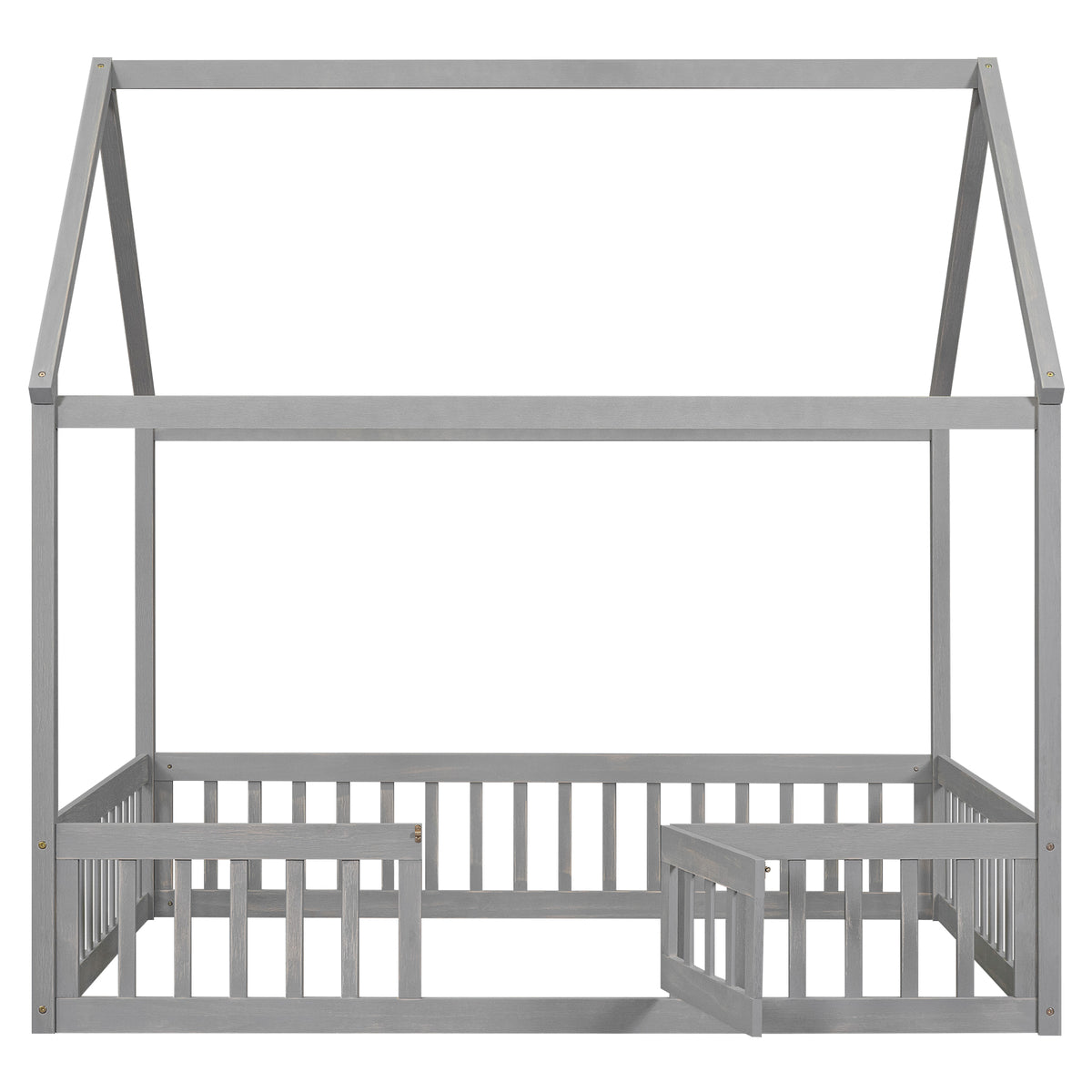 Full Size Wood House Bed With Fence And Door, Gray Wash Gray Pine