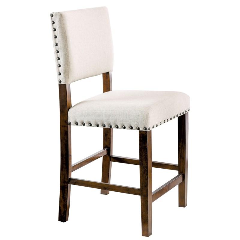 Classic Set Of 2Pc Counter Height Dining Chairs Ivory Fabric Padded Linen Chairs Upholstered Cushion High Chairs Trim Kitchen Dining Room Solid Wood Brown Cherry Ivory Brown Dining Room Industrial,Transitional Dining Chairs Solid Back Solid Wood