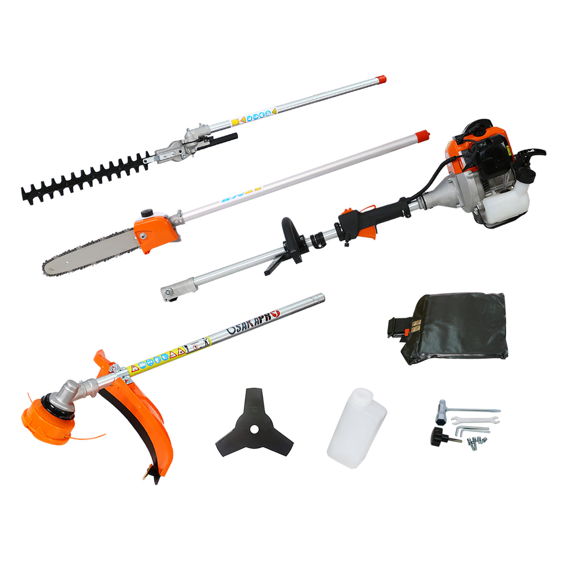 4 In 1 Multi Functional Trimming Tool, 56Cc 2 Cycle Garden Tool System With Gas Pole Saw, Hedge Trimmer, Grass Trimmer, And Brush Cutter Epa Compliant Orange Plastic