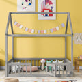 Full Size Wood House Bed With Fence And Door, Gray Wash Gray Pine
