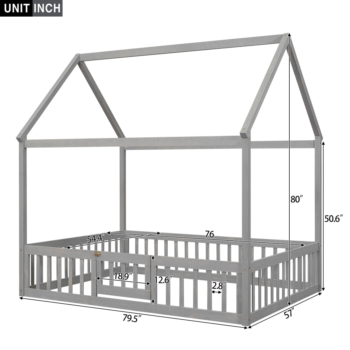 Full Size Wood House Bed With Fence And Door, Gray Wash Gray Pine