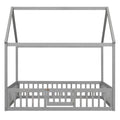 Full Size Wood House Bed With Fence And Door, Gray Wash Gray Pine