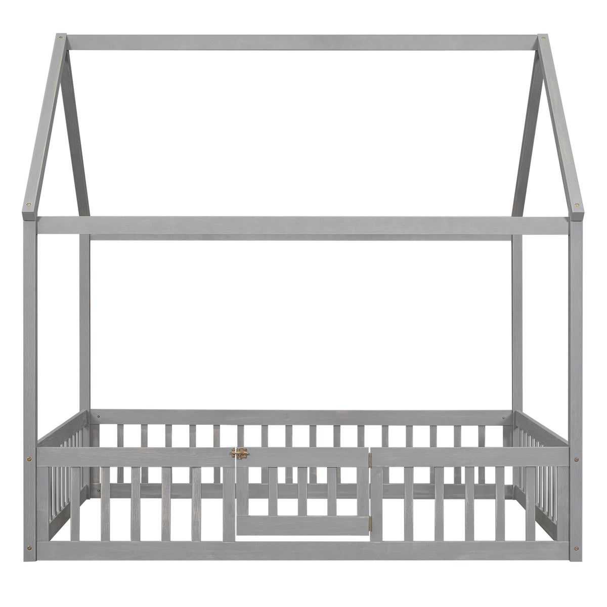 Full Size Wood House Bed With Fence And Door, Gray Wash Gray Pine