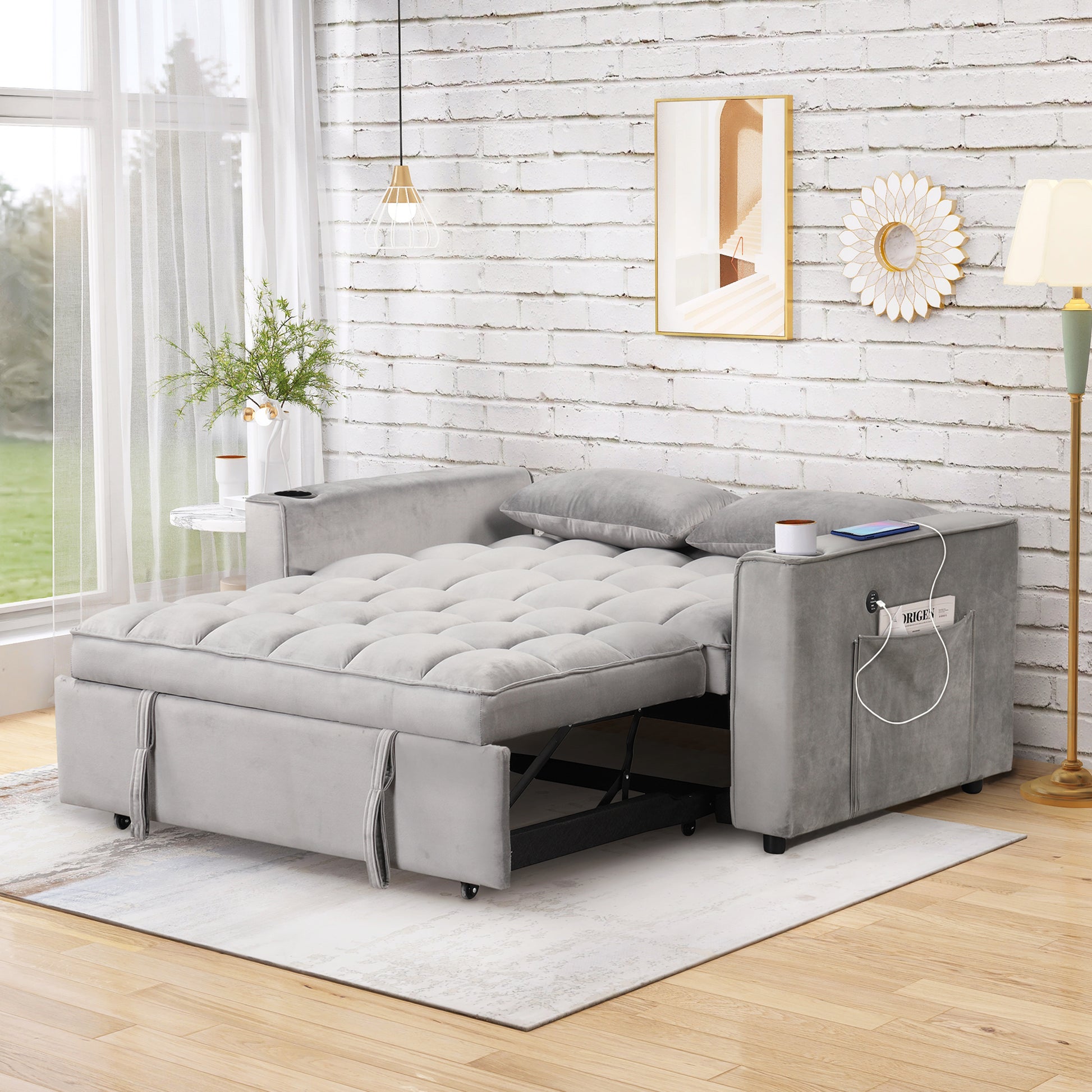 58" 4 1 Multi Functional Sofa Bed With Cup Holder And Usb Port For Living Room Or Apartments, Gray Gray Foam 2 Seat