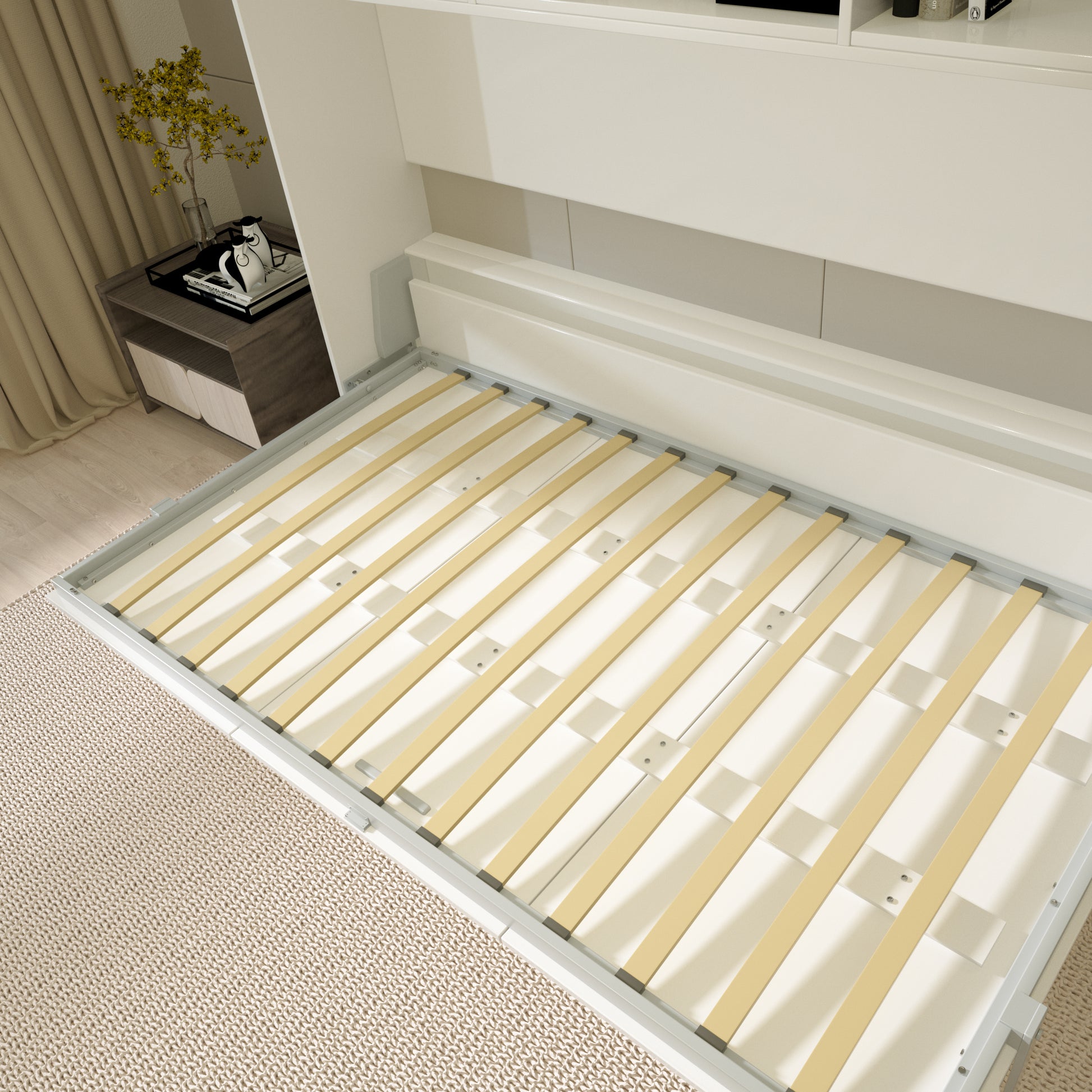 Mordern Design Twin Size Horizontal Murphy Bed With Shelf Storage For Bedroom Or Guestroom White Wall Bed Space Saving Hidden Bed With Style Gas Struts Box Spring Not Required Twin White Metal White Bedroom American Design,Cute,European,Modern Murphy