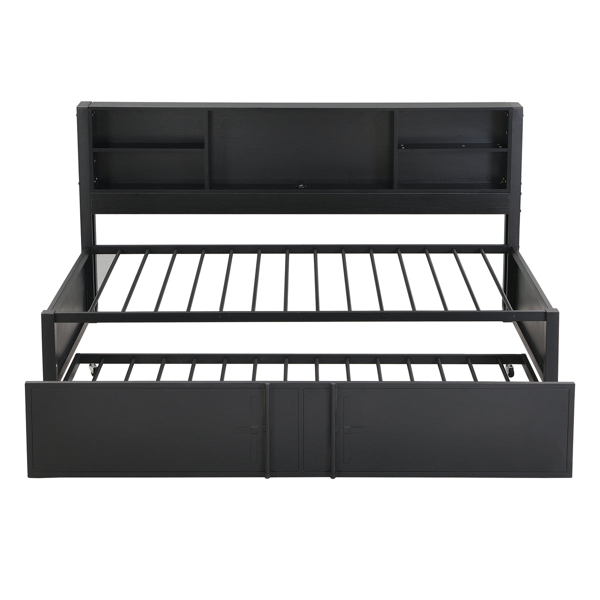 Metal Twin Size Daybed With Twin Size Trundle, Storage Shelves And Usb Ports, Black Box Spring Not Required Twin Black Metal Bed Frame Metal & Wood