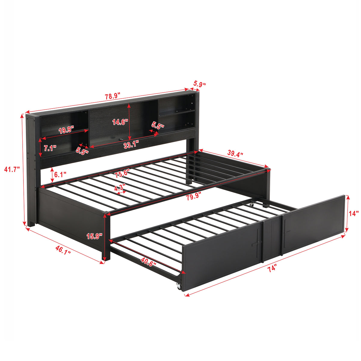 Metal Twin Size Daybed With Twin Size Trundle, Storage Shelves And Usb Ports, Black Box Spring Not Required Twin Black Metal Bed Frame Metal & Wood