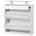 Slim Entryway Organizer With 2 Flip Drawers, Tempered Glass Top Shoe Storage Cabinet With Drawer, Free Standing Tipping Bucket Shoe Rack With Led Light For Hallway, White Square 3 4 Drawers White