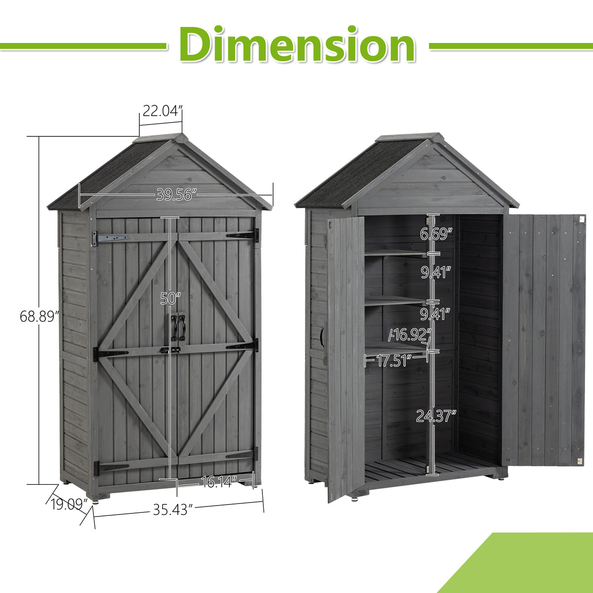 Outdoor Storage Cabinet, Garden Wood Tool Shed, Outside Wooden Shed Closet With Shelves And Latch For Yard 39.56"X 22.04"X 68.89" Grey Wood Stainless Steel