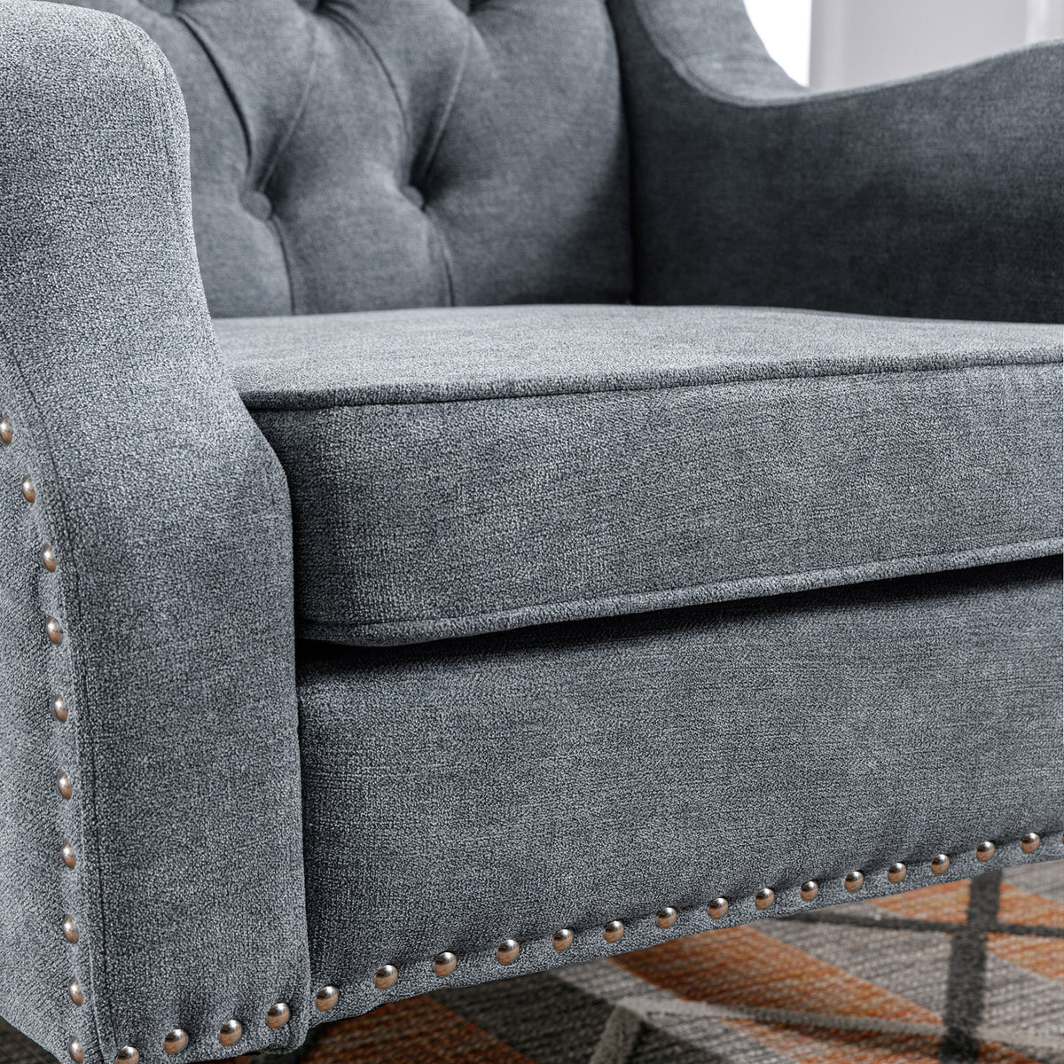 Grey Accent Chair, Living Room Chair, Footrest Chair Set With Vintage Brass Studs, Button Tufted Upholstered Armchair For Living Room, Comfy Reading Chair For Bedroom, Reception Room Grey Linen