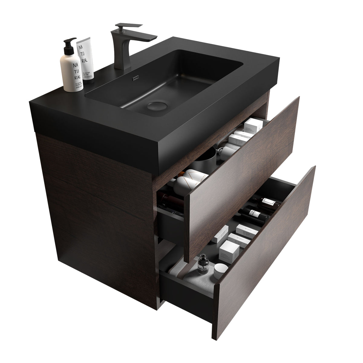 Alice 30" Walnut Bathroom Vanity With Sink, Large Storage Wall Mounted Floating Bathroom Vanity For Modern Bathroom, One Piece Black Sink Basin Without Drain And Faucet, Pre Assembled Walnut Black Melamine