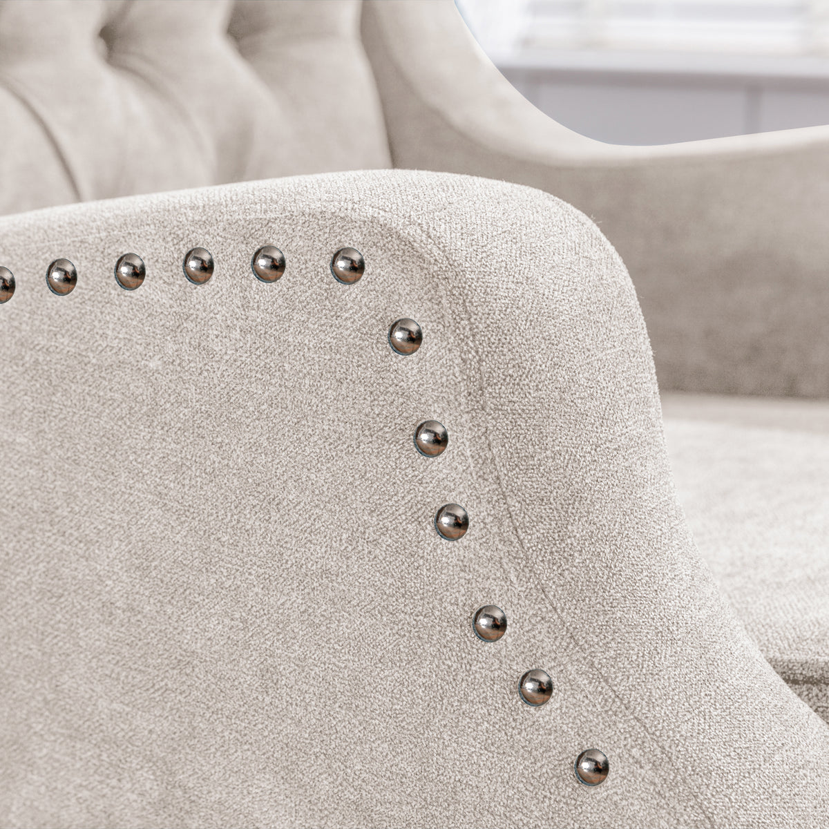 Beige Accent Chair, Living Room Chair, Footrest Chair Set With Vintage Brass Studs, Button Tufted Upholstered Armchair For Living Room, Comfy Reading Chair For Bedroom, Reception Room Beige Linen