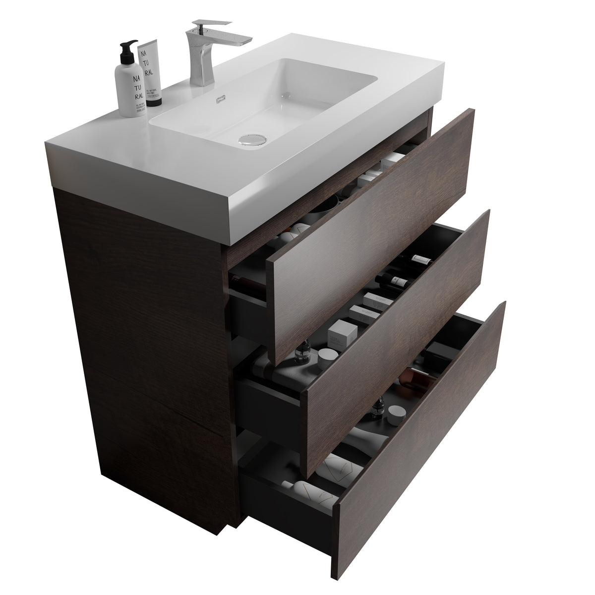 Alice 36" Walnut Bathroom Vanity With Sink, Large Storage Freestanding Bathroom Vanity For Modern Bathroom, One Piece White Sink Basin Without Drain And Faucet, Pre Assembled White Walnut Melamine
