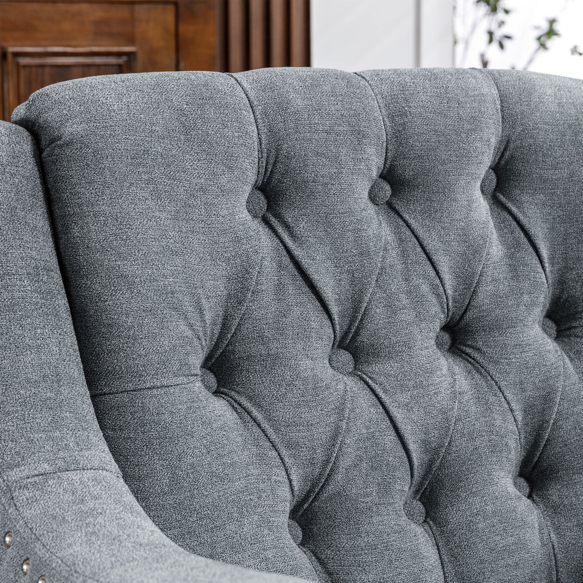 Grey Accent Chair, Living Room Chair, Footrest Chair Set With Vintage Brass Studs, Button Tufted Upholstered Armchair For Living Room, Comfy Reading Chair For Bedroom, Reception Room Grey Linen
