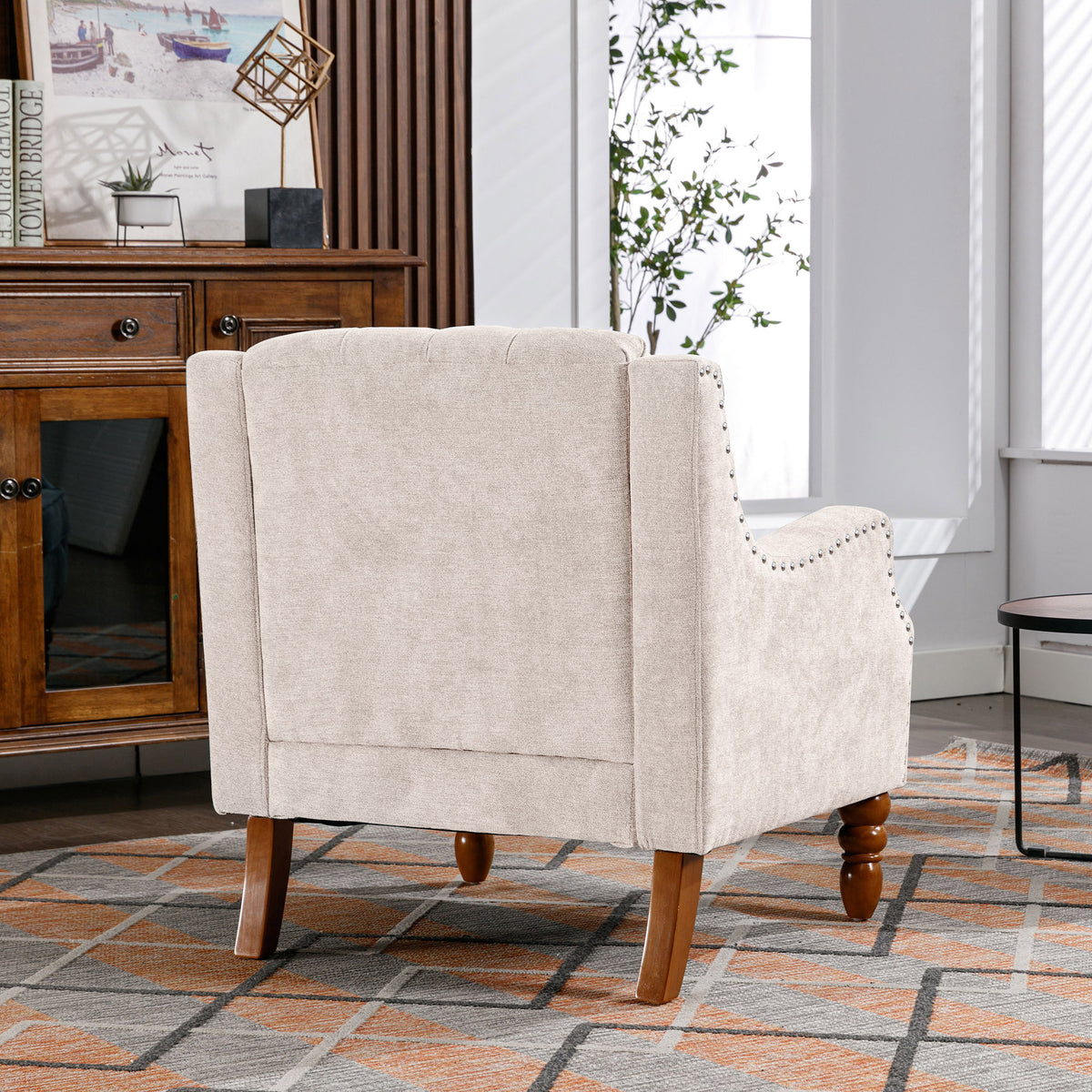 Beige Accent Chair, Living Room Chair, Footrest Chair Set With Vintage Brass Studs, Button Tufted Upholstered Armchair For Living Room, Comfy Reading Chair For Bedroom, Reception Room Beige Linen