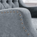 Grey Accent Chair, Living Room Chair, Footrest Chair Set With Vintage Brass Studs, Button Tufted Upholstered Armchair For Living Room, Comfy Reading Chair For Bedroom, Reception Room Grey Linen