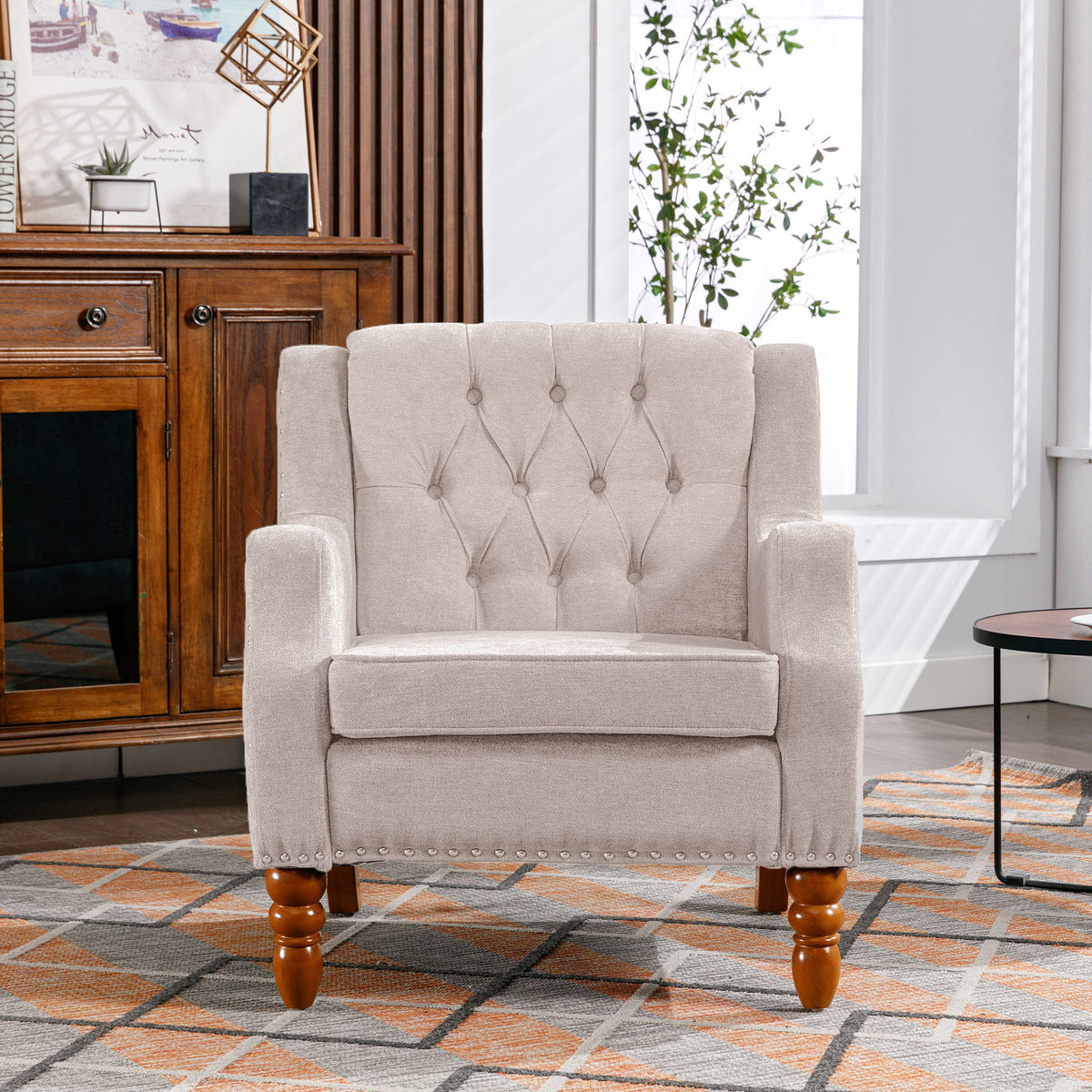 Beige Accent Chair, Living Room Chair, Footrest Chair Set With Vintage Brass Studs, Button Tufted Upholstered Armchair For Living Room, Comfy Reading Chair For Bedroom, Reception Room Beige Linen