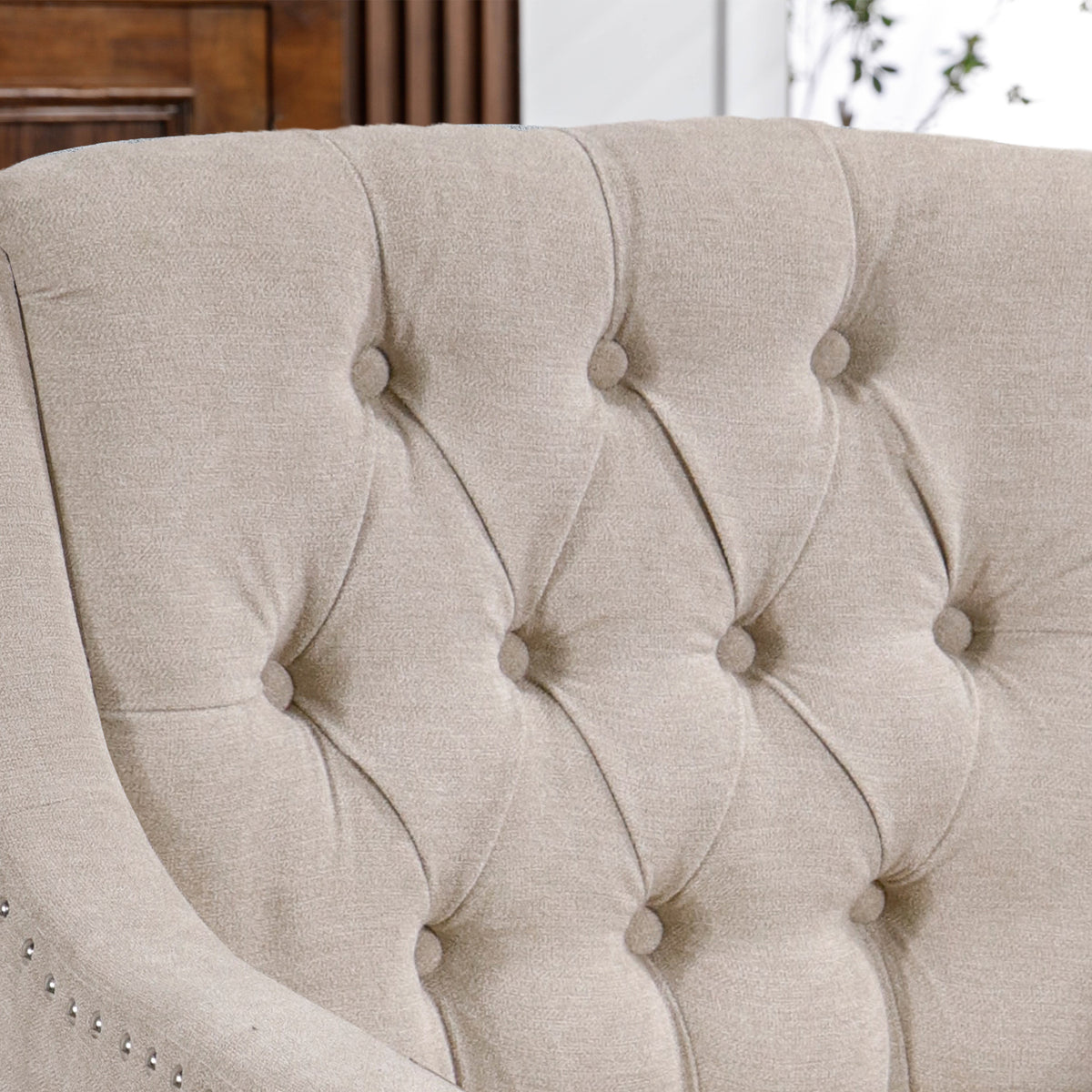 Beige Accent Chair, Living Room Chair, Footrest Chair Set With Vintage Brass Studs, Button Tufted Upholstered Armchair For Living Room, Comfy Reading Chair For Bedroom, Reception Room Beige Linen
