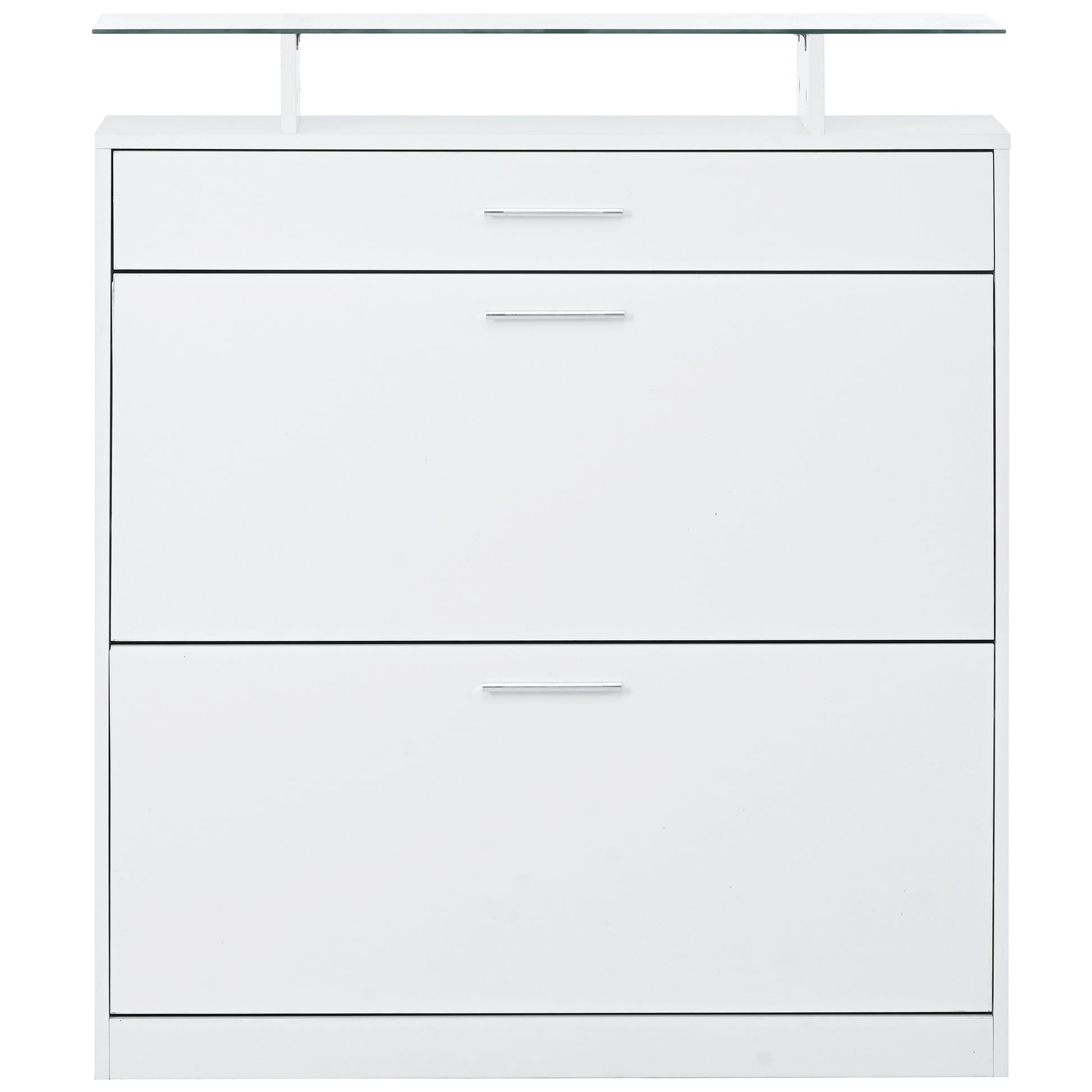 Slim Entryway Organizer With 2 Flip Drawers, Tempered Glass Top Shoe Storage Cabinet With Drawer, Free Standing Tipping Bucket Shoe Rack With Led Light For Hallway, White Square 3 4 Drawers White