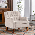 Beige Accent Chair, Living Room Chair, Footrest Chair Set With Vintage Brass Studs, Button Tufted Upholstered Armchair For Living Room, Comfy Reading Chair For Bedroom, Reception Room Beige Linen