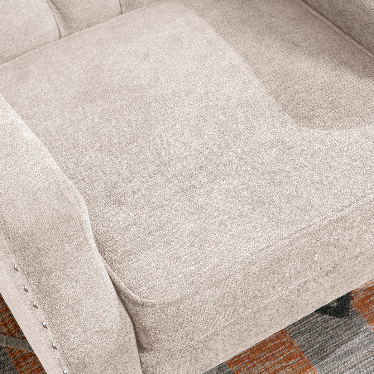 Beige Accent Chair, Living Room Chair, Footrest Chair Set With Vintage Brass Studs, Button Tufted Upholstered Armchair For Living Room, Comfy Reading Chair For Bedroom, Reception Room Beige Linen