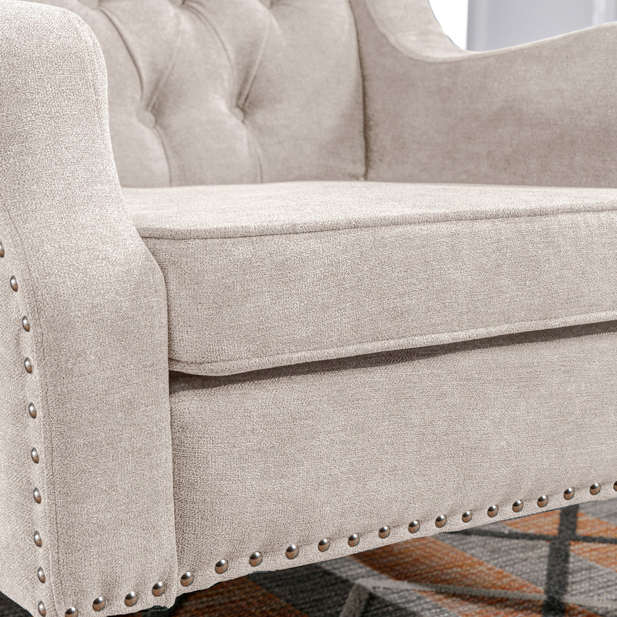 Beige Accent Chair, Living Room Chair, Footrest Chair Set With Vintage Brass Studs, Button Tufted Upholstered Armchair For Living Room, Comfy Reading Chair For Bedroom, Reception Room Beige Linen