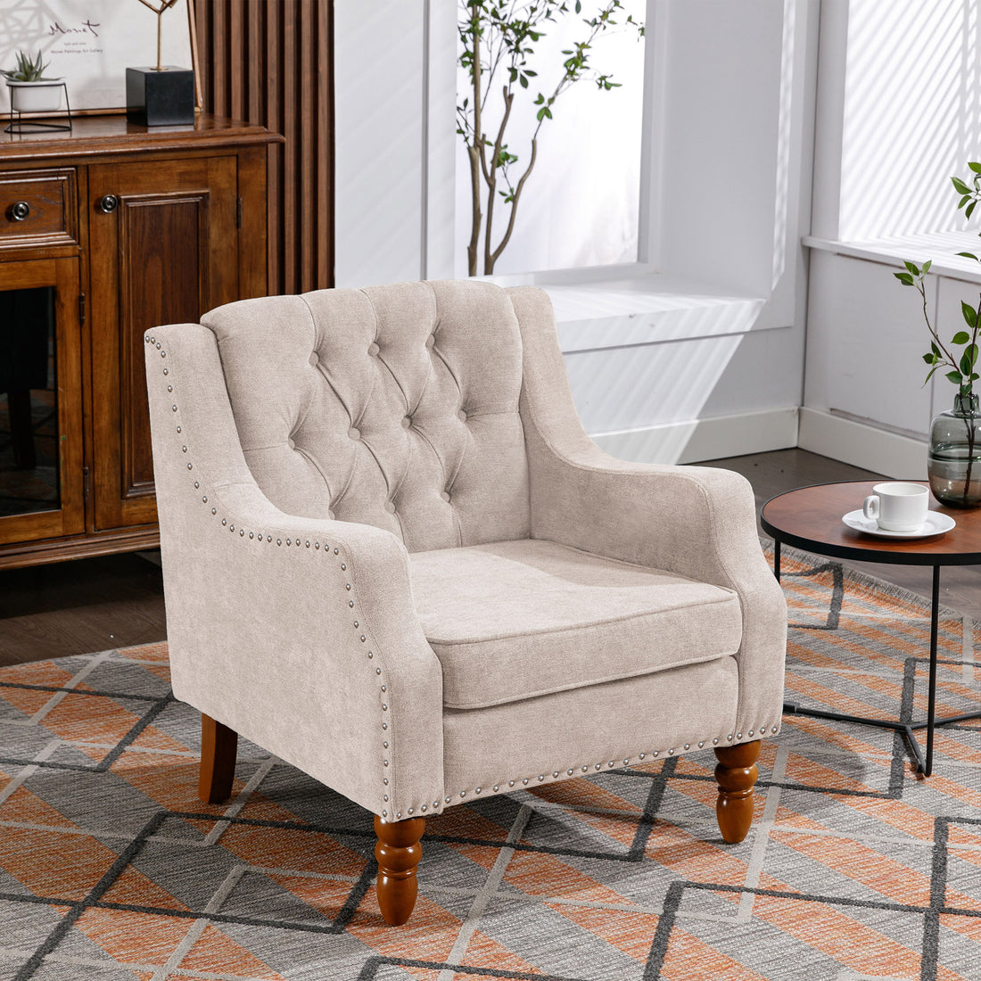 Beige Accent Chair, Living Room Chair, Footrest Chair Set With Vintage Brass Studs, Button Tufted Upholstered Armchair For Living Room, Comfy Reading Chair For Bedroom, Reception Room Beige Linen