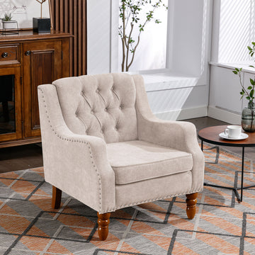 Beige Accent Chair, Living Room Chair, Footrest Chair Set With Vintage Brass Studs, Button Tufted Upholstered Armchair For Living Room, Comfy Reading Chair For Bedroom, Reception Room Beige Linen