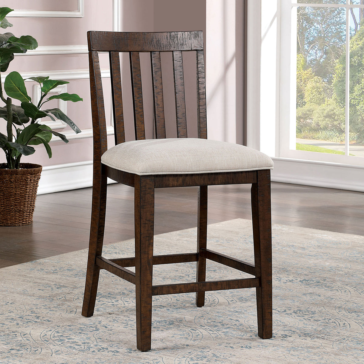 Set Of 2Pcs Counter Height Chair Dining Room Furniture Rustic Oak Beige Fabric Cushion W Welt Slat Back Kitchen Breakfast Oak Dining Room Rustic Dining Chairs Slat Back Solid Wood