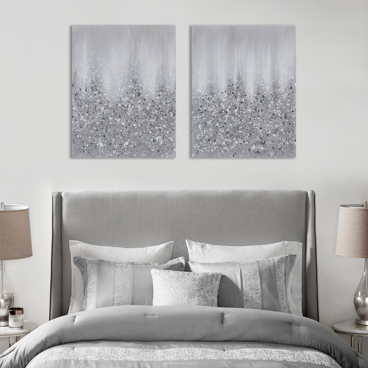 Heavily Embellished 2 Piece Canvas Wall Art Set Silver Mdf