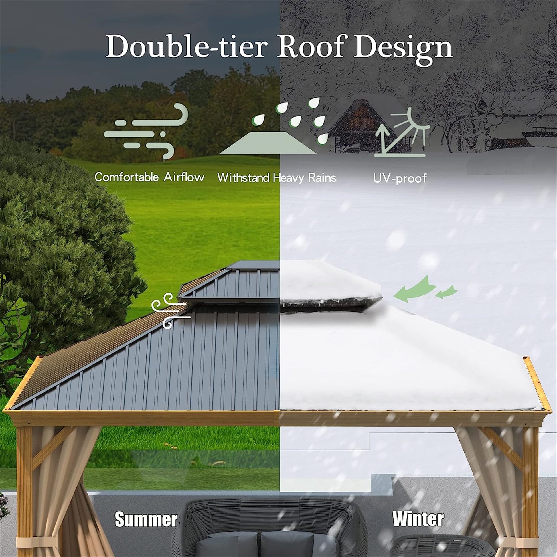 10'X12' Hardtop Gazebo, Wooden Coated Aluminum Frame Canopy With Galvanized Steel Double Roof, Outdoor Permanent Metal Pavilion With Curtains And Netting For Patio, Deck And Lawn Wood Looking Yellow Brown Aluminium