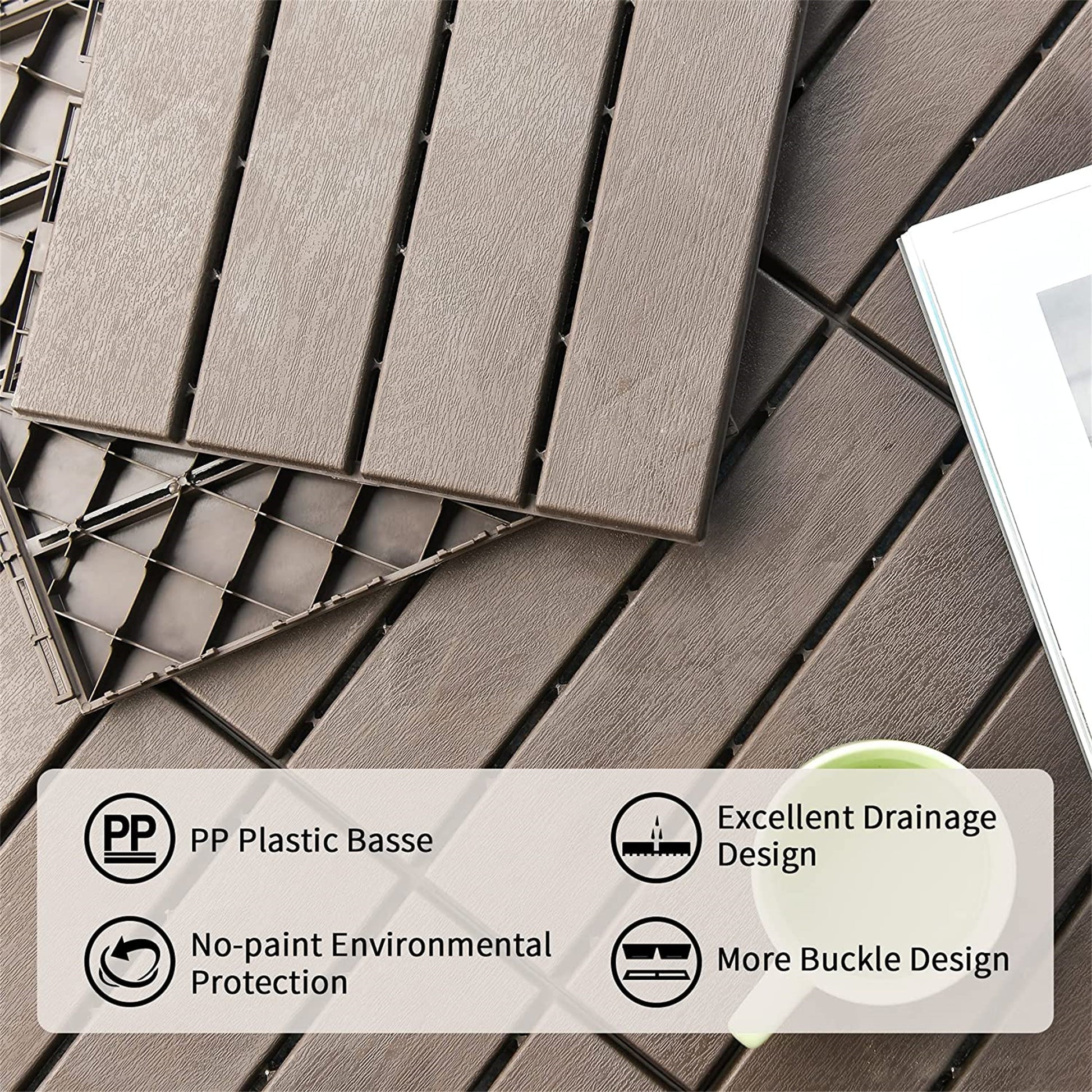 Patio Interlocking Deck Tiles, 12"X12" Square Composite Decking Tiles, Four Slat Plastic Outdoor Flooring Tile All Weather For Balcony Porch Backyard, Dark Brown, Pack Of 27 Brown Plastic