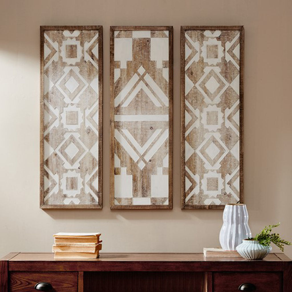 Two Tone Geometric 3 Piece Wood Wall Decor Set Natural Wood