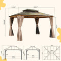 10'X12' Hardtop Gazebo, Permanent Outdoor Gazebo With Polycarbonate Double Roof, Aluminum Gazebo Pavilion With Curtain And Net For Garden, Patio, Lawns, Deck, Backyard Wood Looking Yellow Brown Aluminium