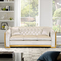 Velvet Luxury Chesterfield Sofa Set, 84 Inches Tufted 3 Seat Couch With Gold Stainless For Living Room, Beige Fabric Navy Velvet Wood Primary Living Space Medium Soft Tufted Back European Rolled Arms Foam Wood Stainless Steel 3 Seat