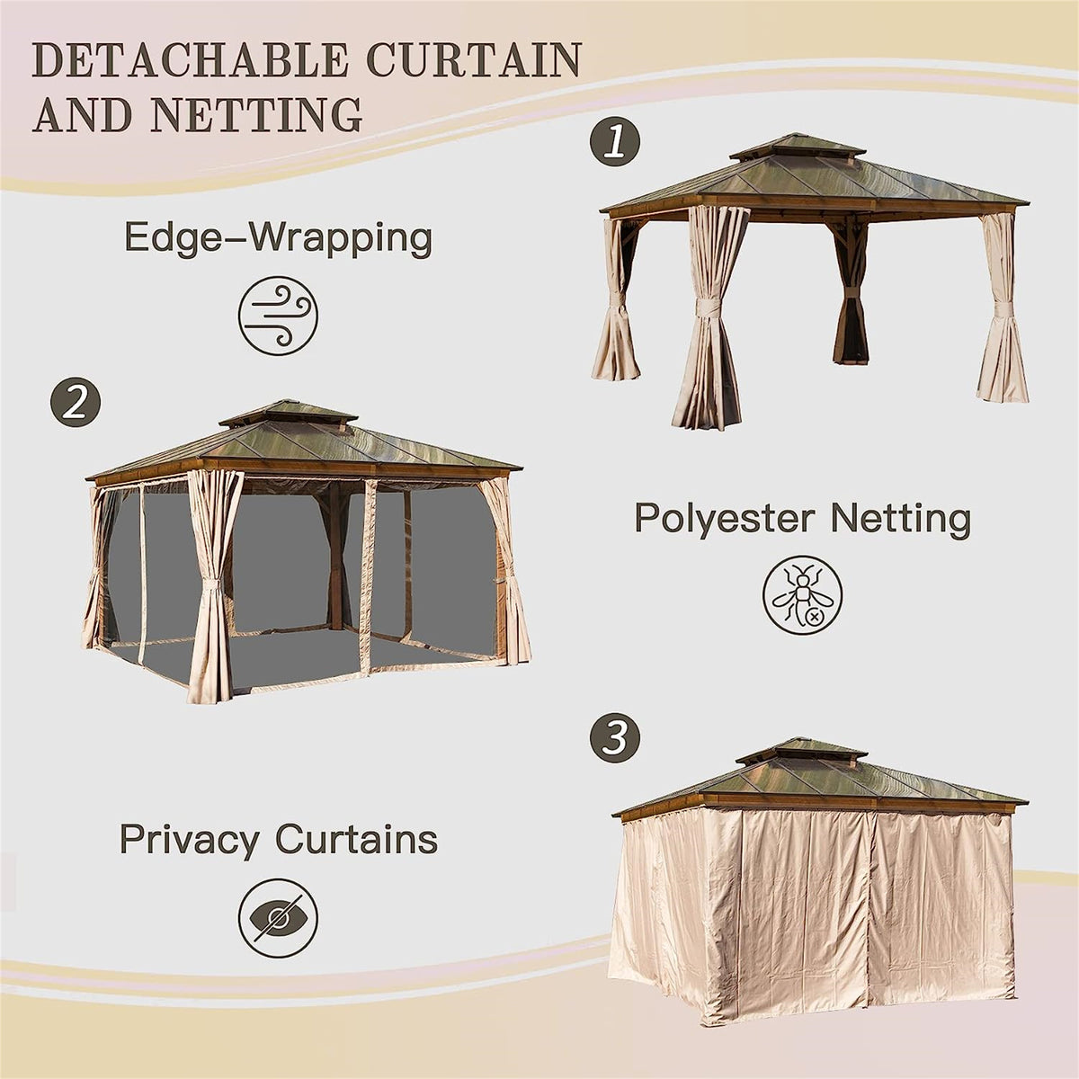12'X12' Hardtop Gazebo, Permanent Outdoor Gazebo With Polycarbonate Double Roof, Aluminum Gazebo Pavilion With Curtain And Net For Garden, Patio, Lawns, Deck, Backyard Wood Looking Yellow Brown Aluminium