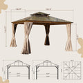 12'X12' Hardtop Gazebo, Permanent Outdoor Gazebo With Polycarbonate Double Roof, Aluminum Gazebo Pavilion With Curtain And Net For Garden, Patio, Lawns, Deck, Backyard Wood Looking Yellow Brown Aluminium