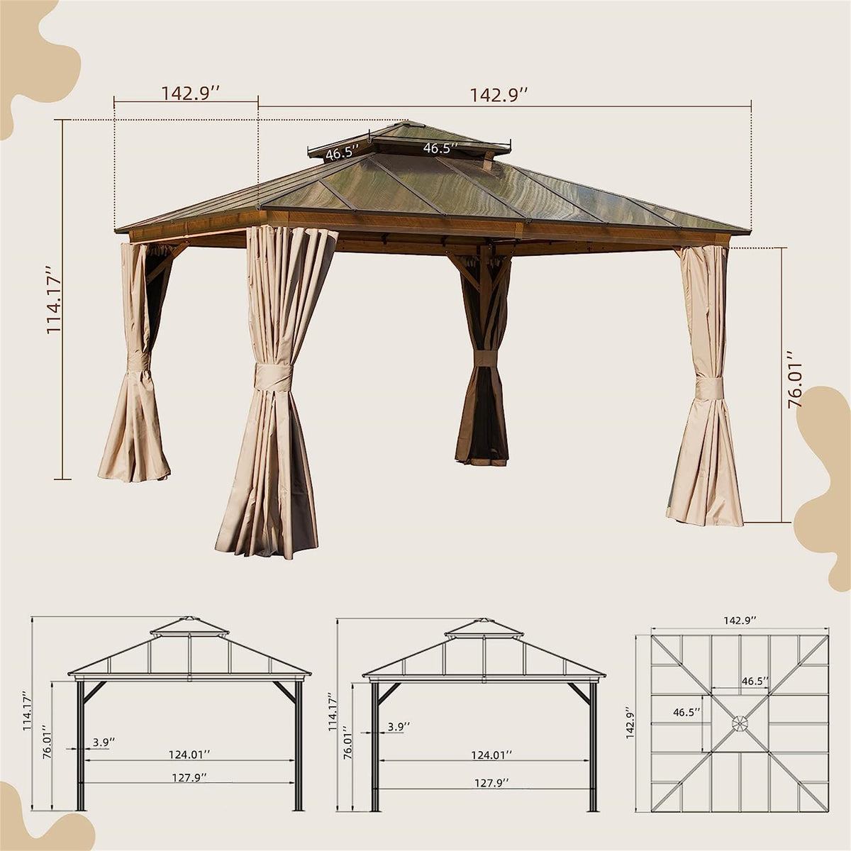 12'X12' Hardtop Gazebo, Permanent Outdoor Gazebo With Polycarbonate Double Roof, Aluminum Gazebo Pavilion With Curtain And Net For Garden, Patio, Lawns, Deck, Backyard Wood Looking Yellow Brown Aluminium