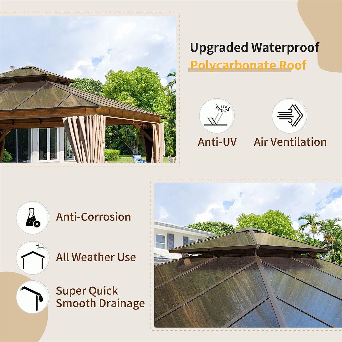 12'X12' Hardtop Gazebo, Permanent Outdoor Gazebo With Polycarbonate Double Roof, Aluminum Gazebo Pavilion With Curtain And Net For Garden, Patio, Lawns, Deck, Backyard Wood Looking Yellow Brown Aluminium
